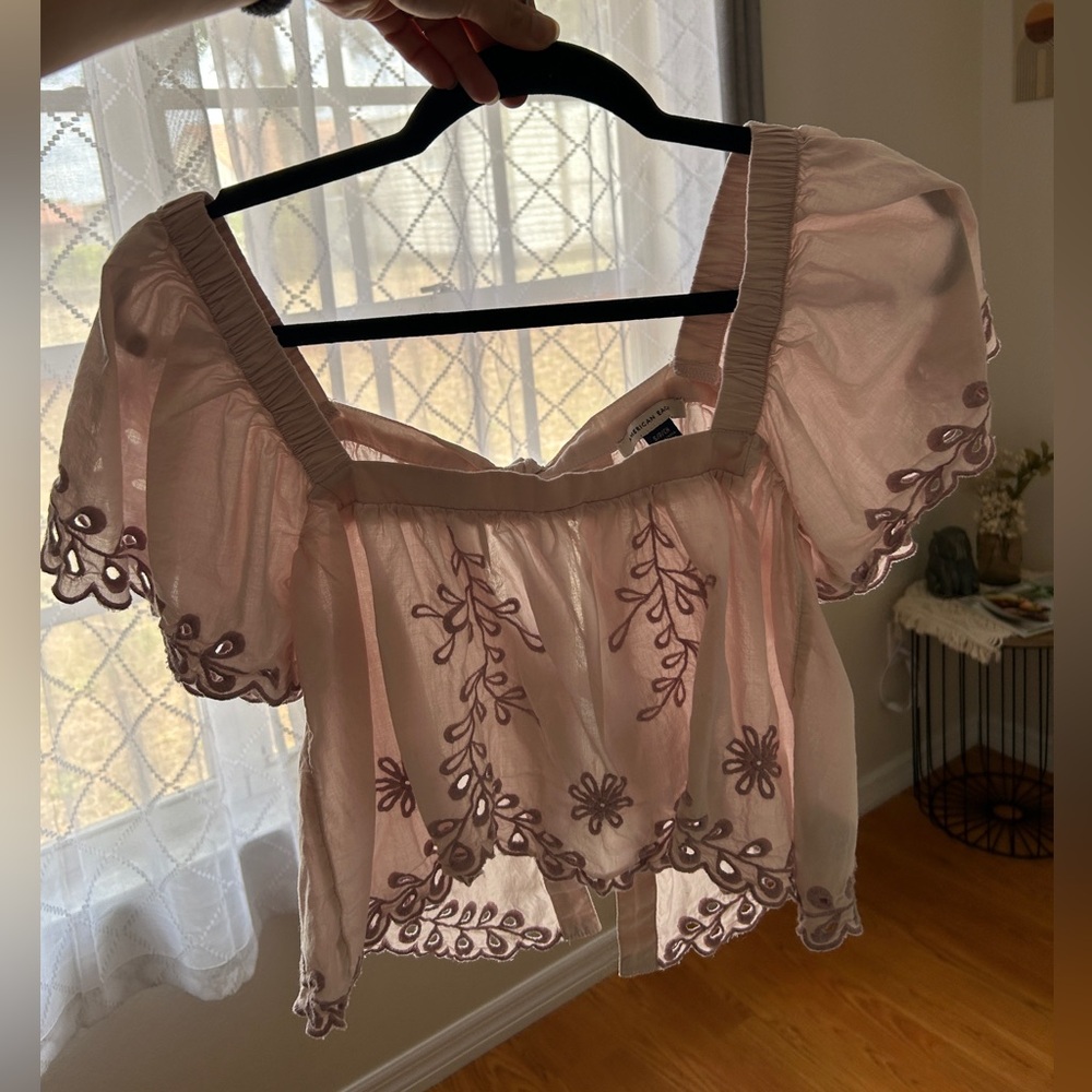 (NWOT) Delicate Blush Embroidered Puff-Sleeve Crop Top